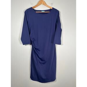 J McLaughlin Navy Sage Catalina Cloth Ruched Side 3/4 Sleeve Sheath Dress Sz L